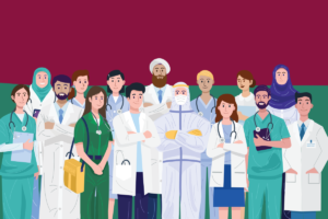 cartoon image of a crowd of healthcare workers