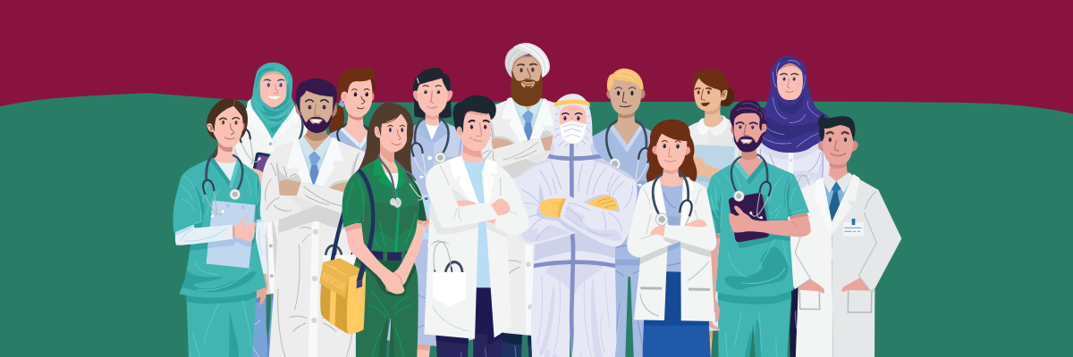 cartoon image of a crowd of healthcare workers